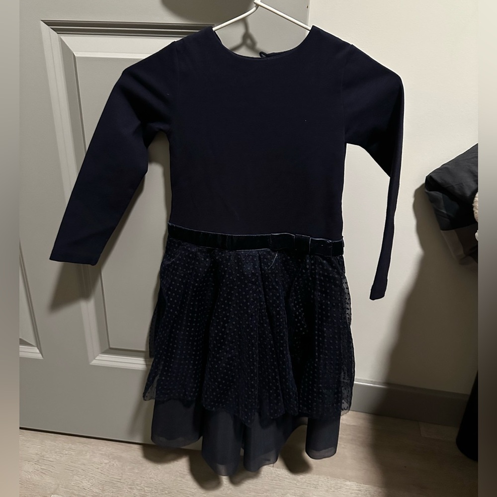 Jacadi Navy Long Sleeve Dress with Gold Logo for Girls - Size: 4 years